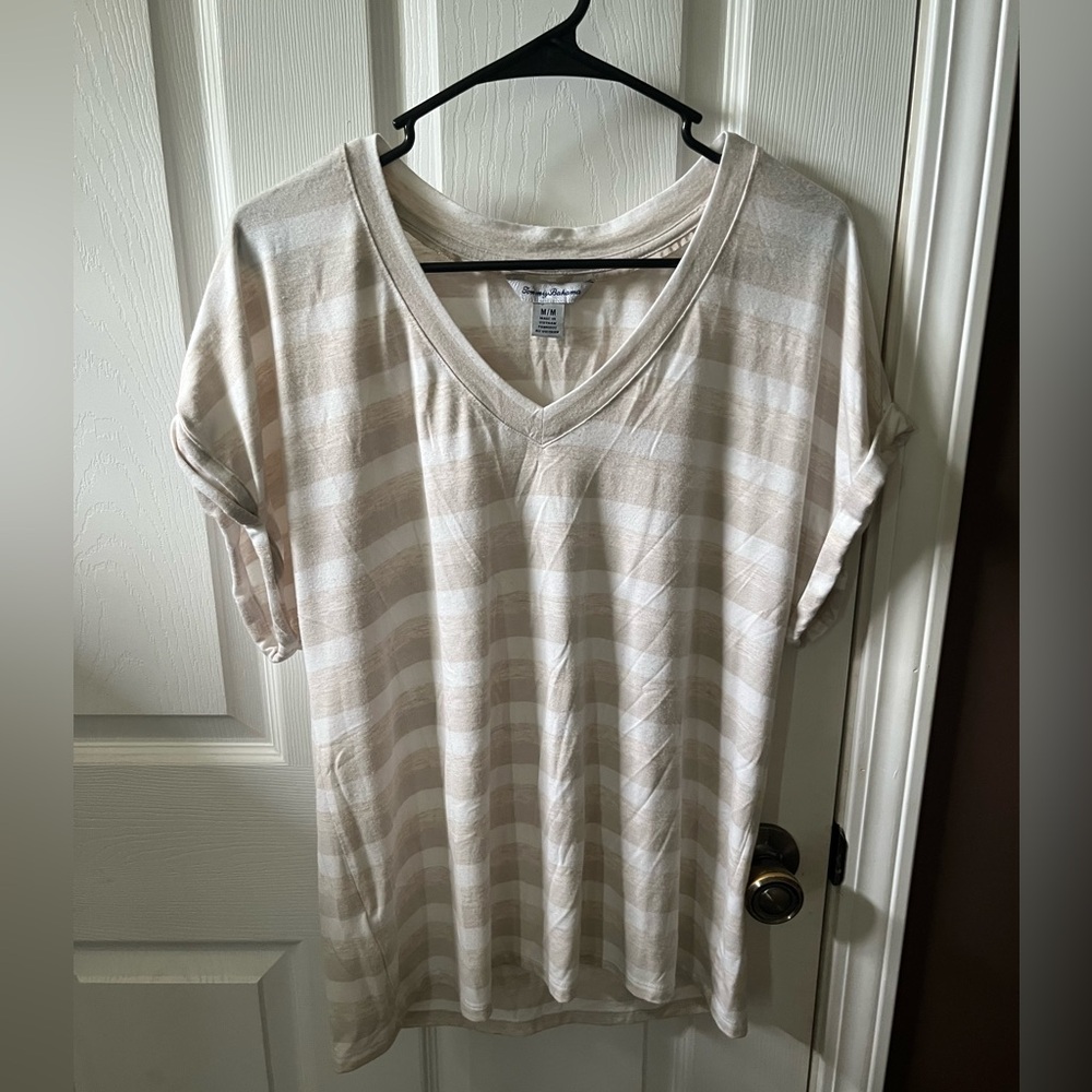 Tommy Bahama Beige Striped V-Neck Tee